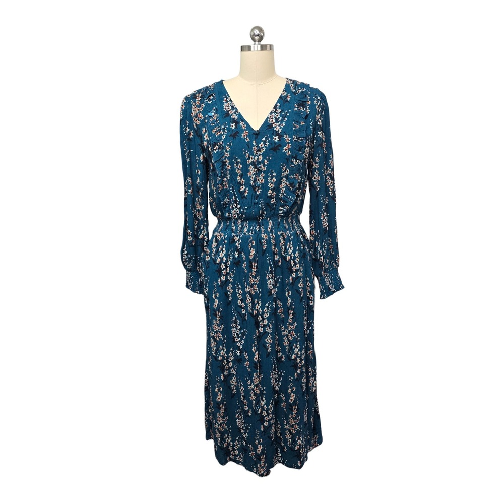Garnet Hill Teal Floral Midi Dress V Neck Long Sleeve Elastic Waist Viscose XS